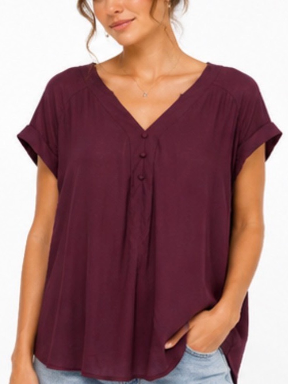 Fortune & Ivy Women's Plum V-Neck Short-Sleeve Blouse Large